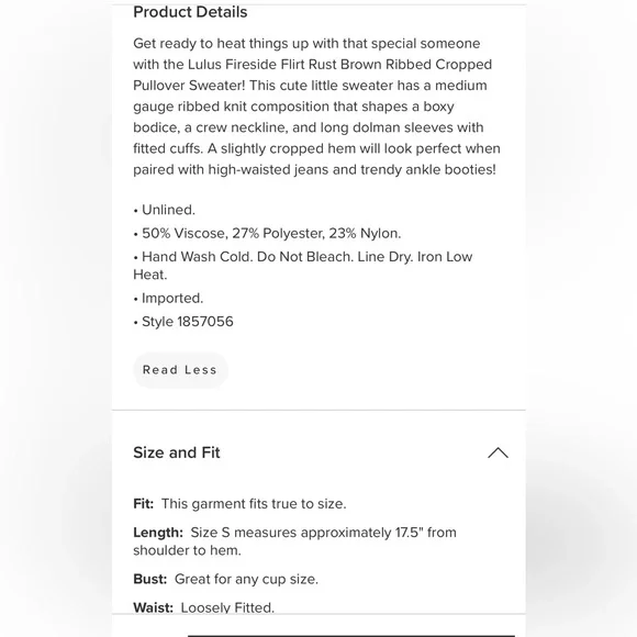 Lulus Fireside Flirt Rust Brown Ribbed Cropped Pullover Sweater size small - Picture 5 of 10